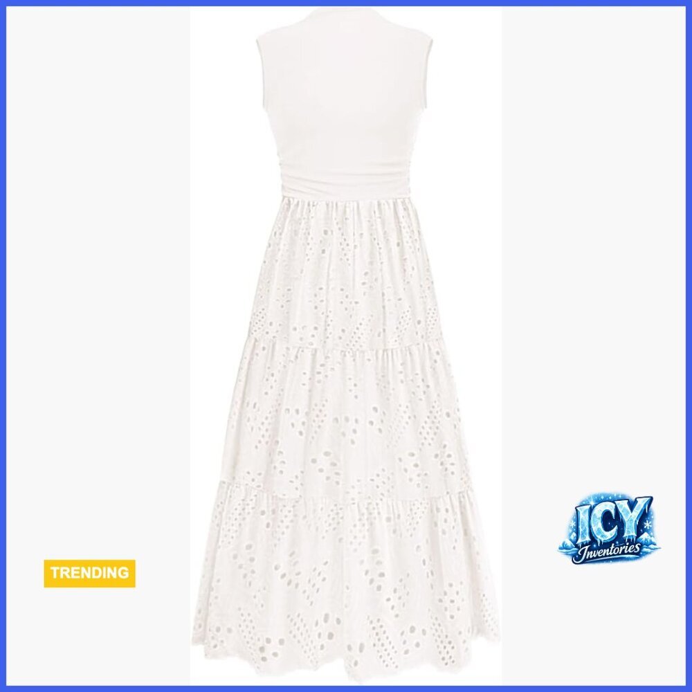 Eyelet Sleeveless Maxi Dress with Pockets, Viscose and Cotton Blend